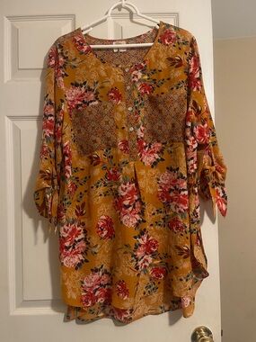 fig and flower Mustard Floral Tunic with Pink and Red Blooms
